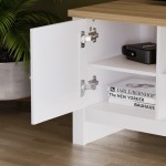 アーリントン テレビキャビネット（ホワイト＆オークカラー）、シングルドア、オーク材トップ